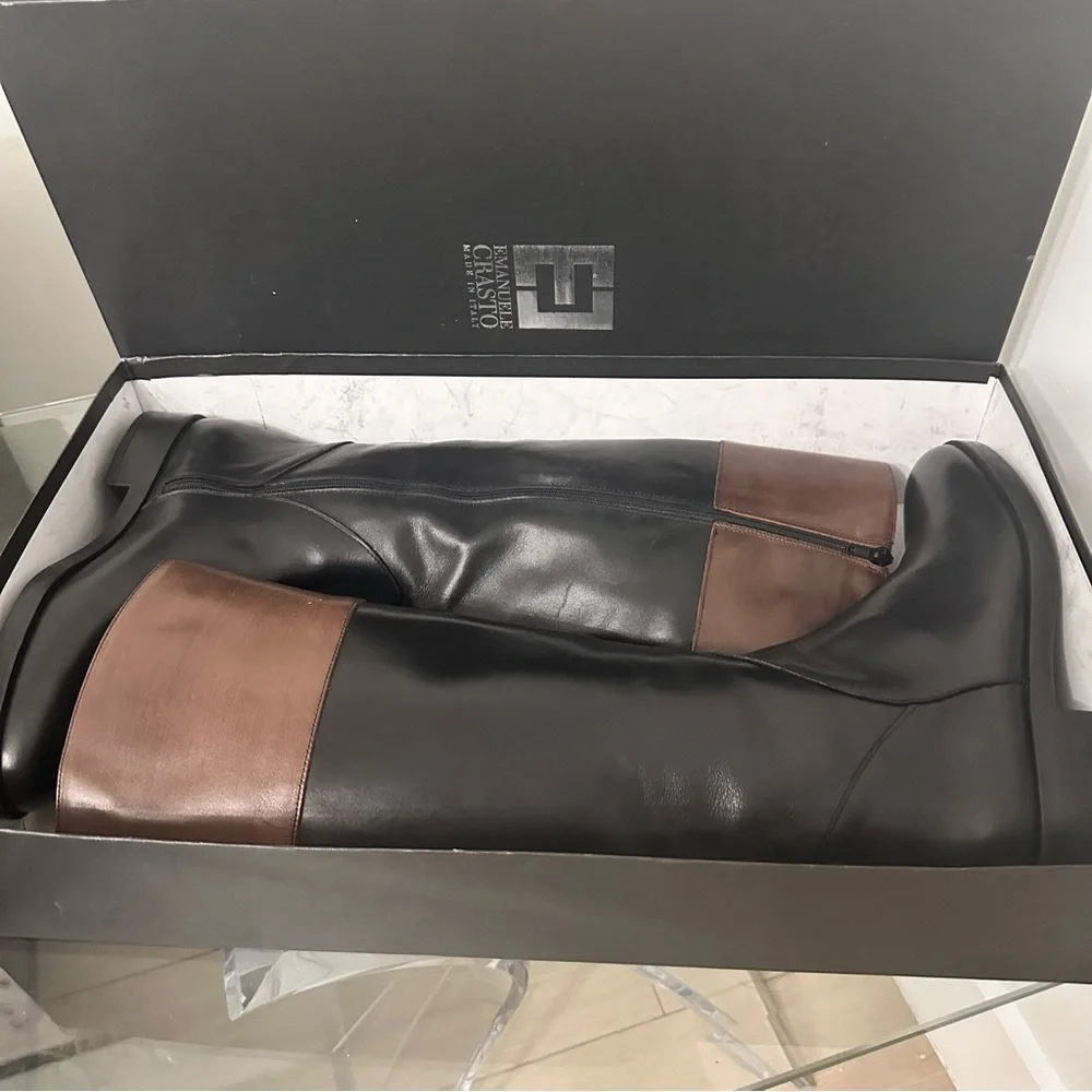 Emanuel’s Crasto Two Tone Black Brown High Shaft Leather Boots SZ 40 EU 9 US NWT